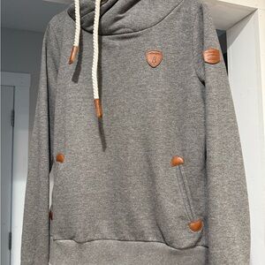 Gray Hoodie Sweater with Leather Accents